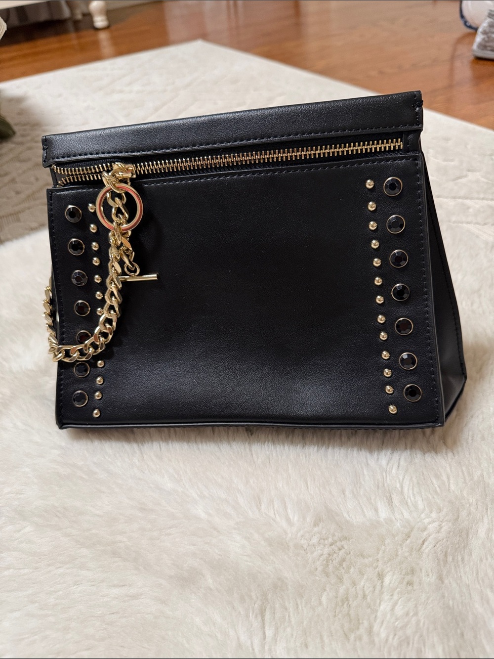 Express Black Clutch with Gold Chain & Stud Accents